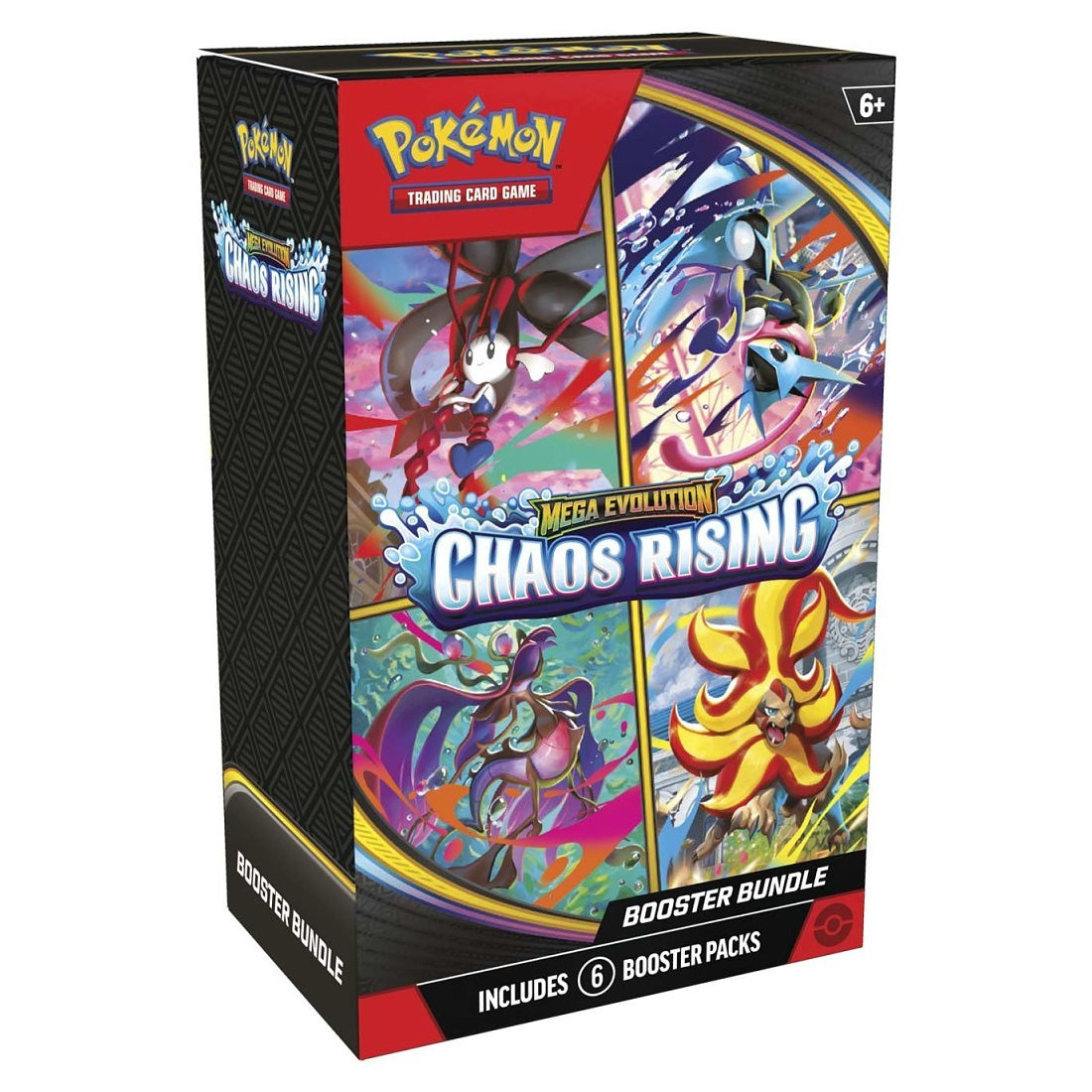 Pokémon Mega Evolution Chaos Rising Booster Bundle — front of box, includes 6 booster packs